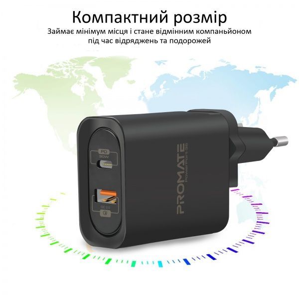 Зарядное устройство Promate PowerPort-36 36Вт Type-C PD + USB QC3.0 Black