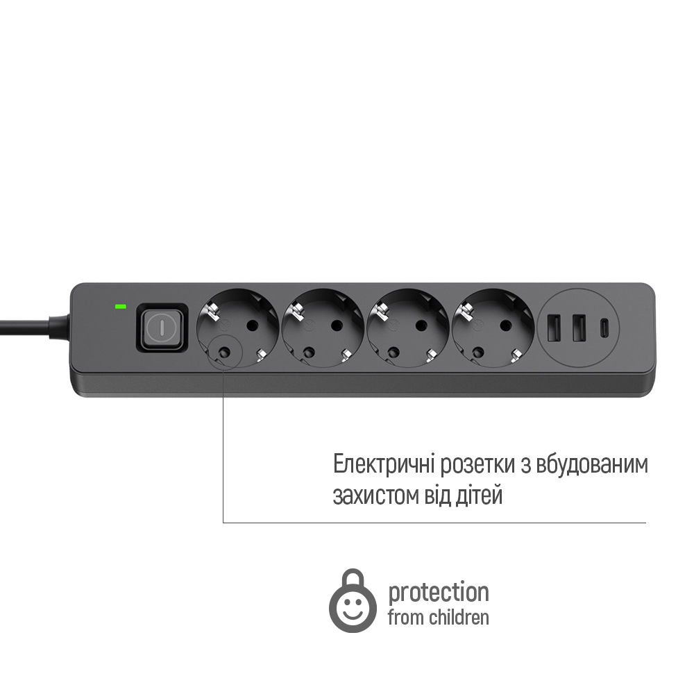 Сетевой фильтр ColorWay 3USB (2USB-A +1 TYPE-C) (24W) с заземлением 4 гн. черный 5 м CW-CHE435PDB