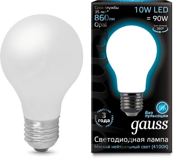 Лампа светодиодная Gauss FIL Opal A60 10 Вт E27 4100 К 220 В матовая 