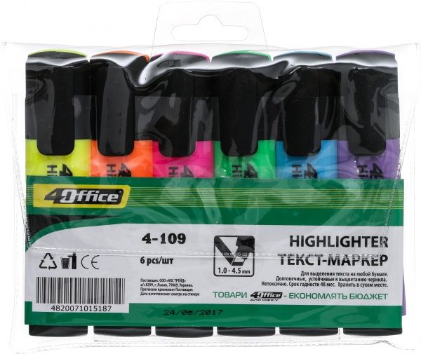 Набор текстовых маркеров 4Office 1-5 мм 6 шт. 4-109/6 разноцветный 