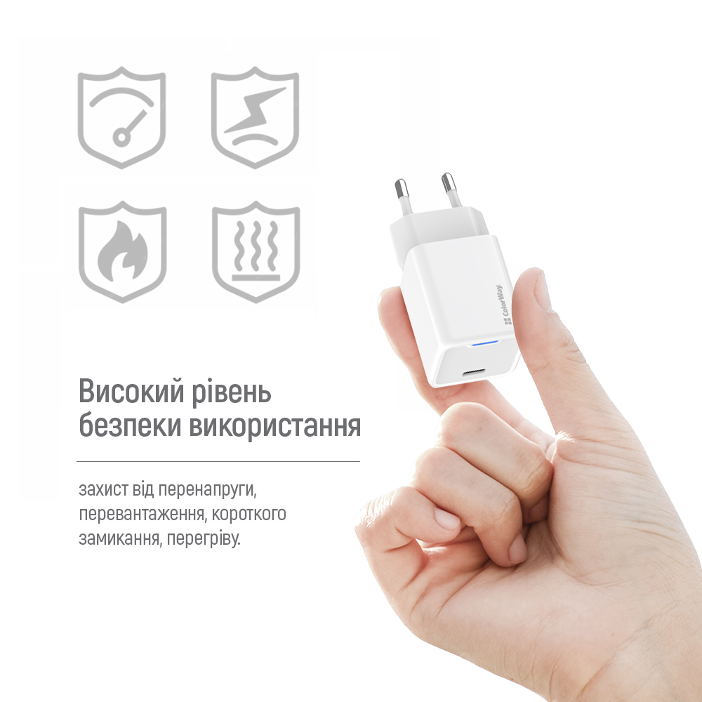 Зарядное устройство ColorWay GaN Mini 65W PD Port PPS USB-C белый