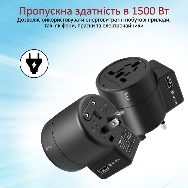 Универсальный адаптер Promate Twist EU/US/UK/AU to EU/US/UK/AU+2xUSB 12 Вт Black 