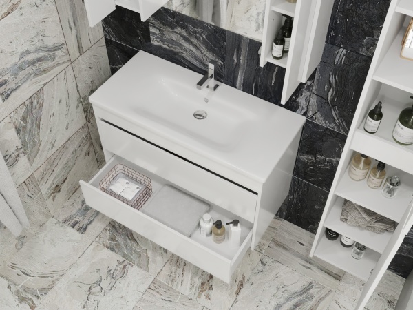 Тумба подвесная ЮВЕНТА Luton - 100 белая с умывальником Soft-100