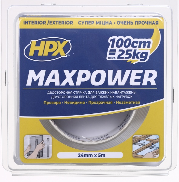 Двухсторонняя монтажная клеющая лента HPX Maxpower HT2505 25 мм 1 мм 5 м прозрачный