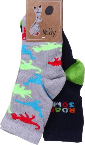 Комплект шкарпеток Молли № 2 темно-сині з салатовою п'яткою + сірі динозаври р.18–20 в асортименті 
