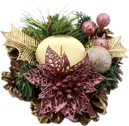 Декорация новогодняя Подсвечник одинарный с шишками хвоей шарами розовыми пуансетиями 15 см EPI-W01-1305/11 