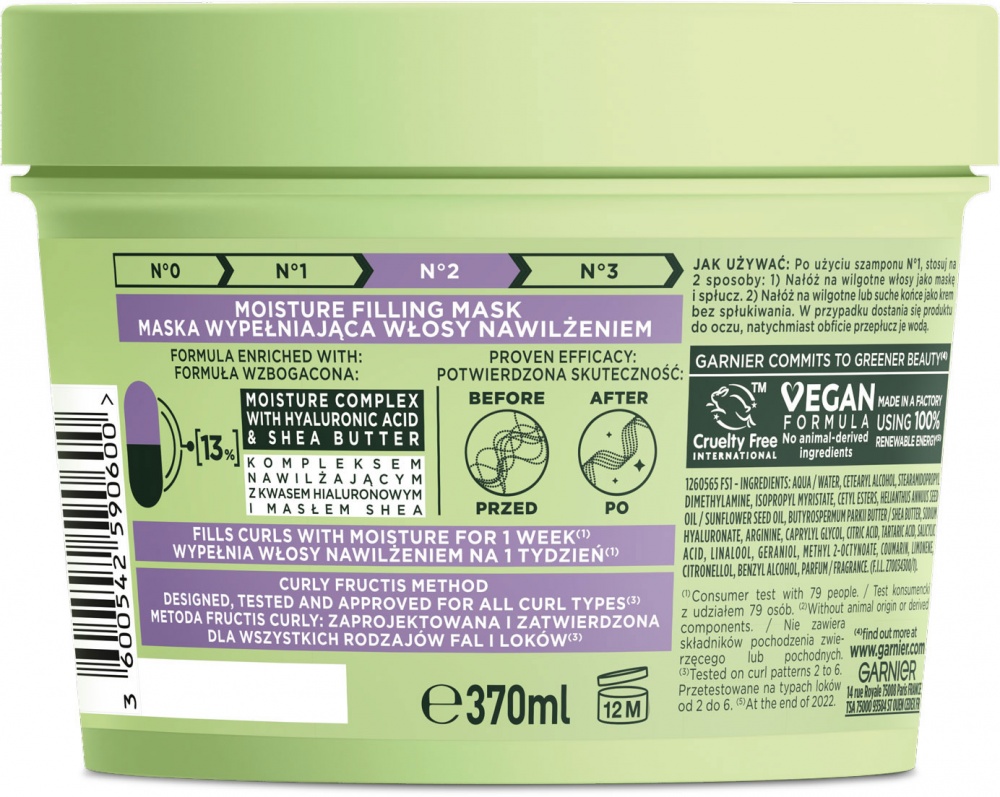 Маска Garnier Fructis Fructis Баланс зволоження для зволоження хвилястого кучерявого волосся Кучерявий метод 400 мл
