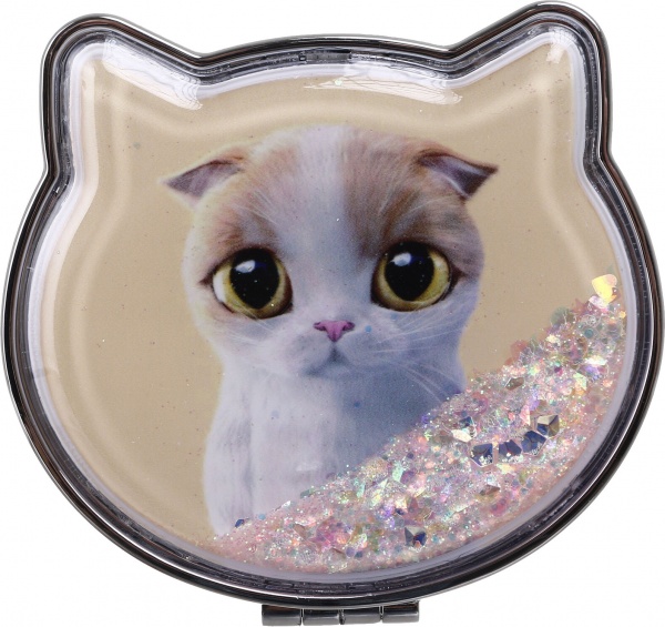 Зеркало карманное косметическое Лідер Канц Котик с сыпучими блестками фигурное 12 вариантов в ассортименте 