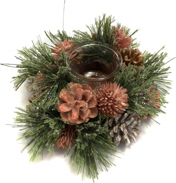 Подсвечник хвойный из шишек, сухоцветов пласт. коралл. 17Х9 см New Star