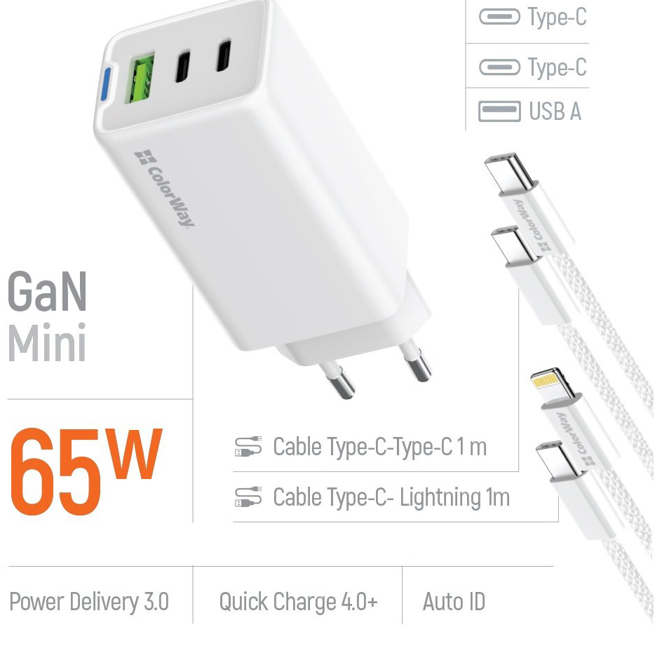 Сетевое зарядное устройство ColorWay GaN Mini 65W PD Port PPS USB (USB-2C1A) cable Type-C&Lightning (CW-CHS058PDCL-WT)
