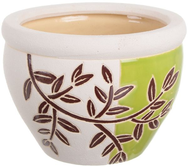 Горшок Viet Thanh Ceramic с блюдцем веточка 23х16 см VT.11004-2 круглый белый с салатовым 