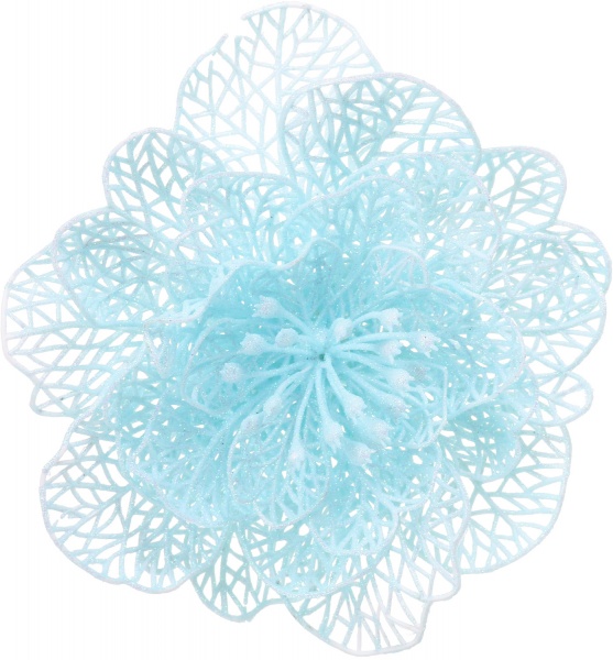 Цветок декоративный новогодняя большая голубая присыпка 20 см с зажимом