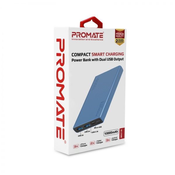 Зовнішній акумулятор (Powerbank) Promate Bolt-10 10Вт 2xUSB 10000 mAh (bolt-10.blue) 