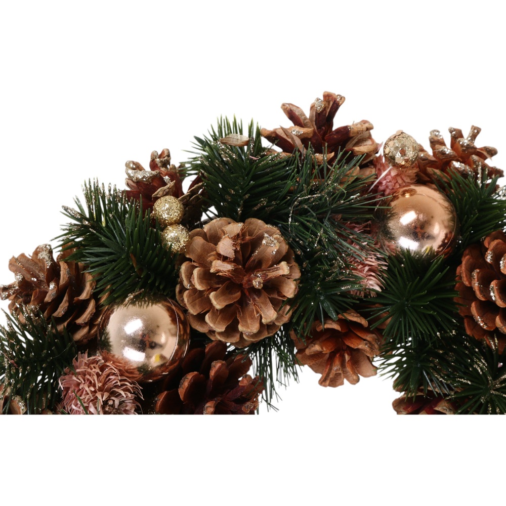 Вінок хвойний з шишками квітками кулями рожево-золотий d340 мм C32438