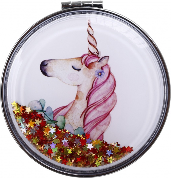 Зеркало карманное косметическое Лідер Канц Единорог с сыпучими блестками круглое 12 вариантов в ассортименте 