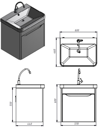 Тумба підвісна ЮВЕНТА Livorno-60 білий з умивальником Luxury-60