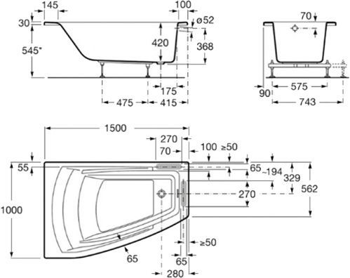 Ванна акрилова ROCA Hall 150x100 з ніжками і підголовником ліва A248164000