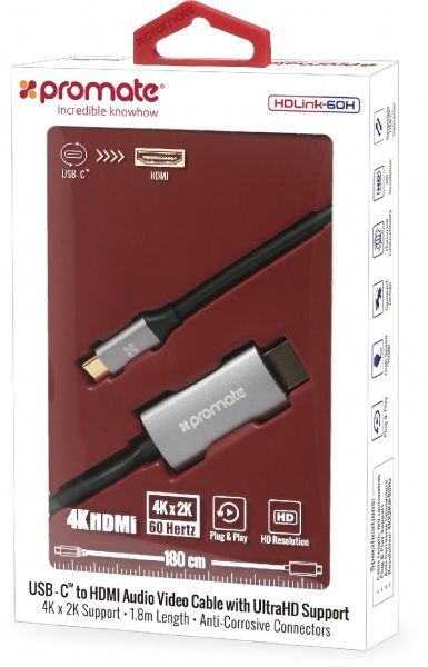 Кабель Promate HDLink-60H USB 3.1 Type-C - HDMI v.2.0 UltraHD-4K, 3D 1,8 м черный (hdlink-60h.grey) 