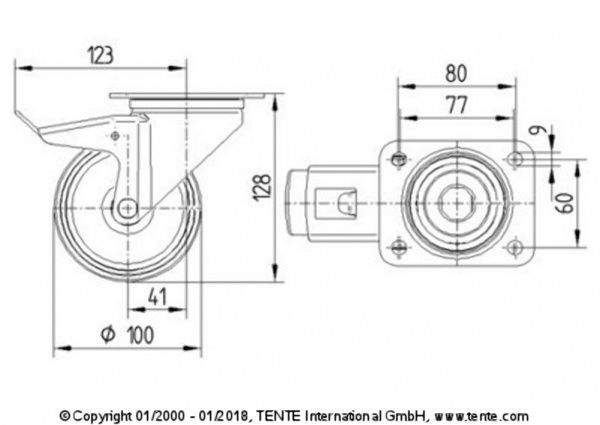 Колесо поворотное с тормозом 3477 PJP 100 P62 BLUE TENTE 
