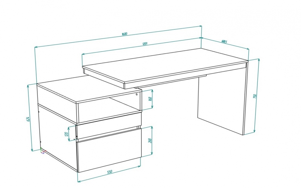 Стол письменный DC РИНО 750х1600х600 мм нимфея альба/дуб тахо/нимфея альба