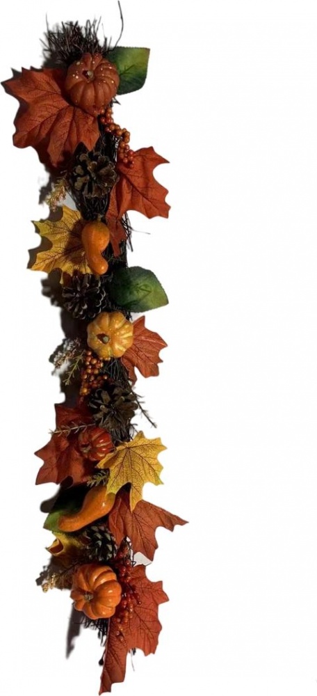 Декорация осенняя с тыквами на ветвях полиэстер оранжевый 8 х 66 см