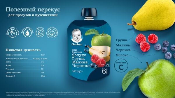 Пюре Gerber Яблуко, груша, малина, чорниця з 6 місяців 90 г 7613036345484 