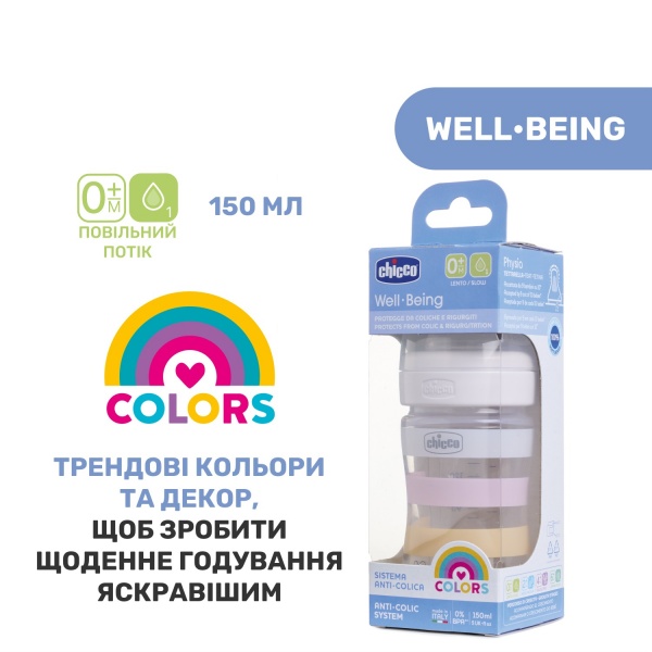 Пляшечка Chicco Well-Being Colors 0м+ 150 мл рожева (28611.11)