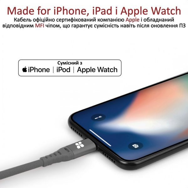 Кабель Promate USB - Lightning 2 м сірий (nervelink-i2.grey) 