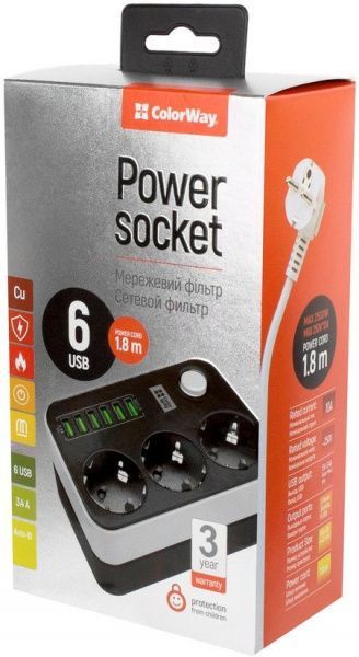 Сетевой фильтр СolorWay с заземлением 3 гн. черный 1,8 м CW-CHE36B 