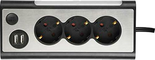 Удлинитель Electraline угловой 2 USB LED подсветка 3 гн. черно-серый 1,5 м 62512 