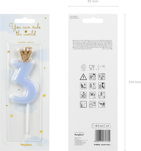 Свічка для торта Partydeco цифра 3 пастель блакитна 9,5 см (SCU6-3-001J)