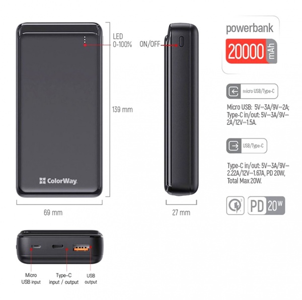 Универсальная мобильная батарея ColorWay 20000 mAh black (CW-PB200LPG3BK-PD) 