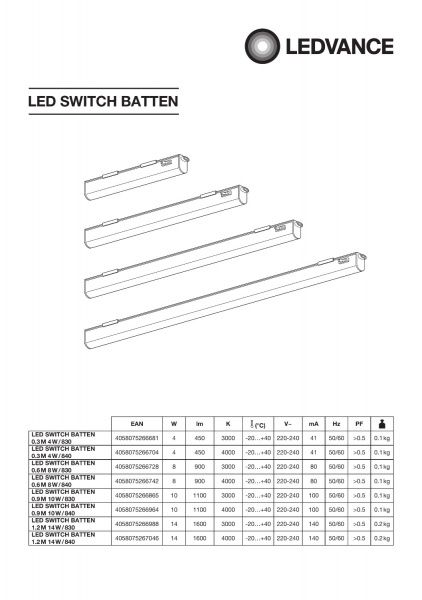 Світильник лінійний Ledvance LED Switch Batten 1200 мм 14 Вт 3000 К теплий 