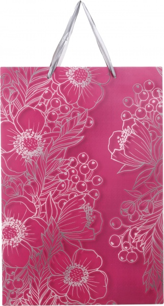 Пакет подарочный SuperL пл D-1143 розовый серебряные цветы с лаком глитер.