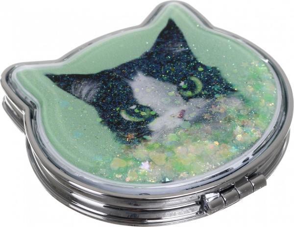 Зеркало карманное косметическое Лідер Канц Котик с сыпучими блестками фигурное 12 вариантов в ассортименте 