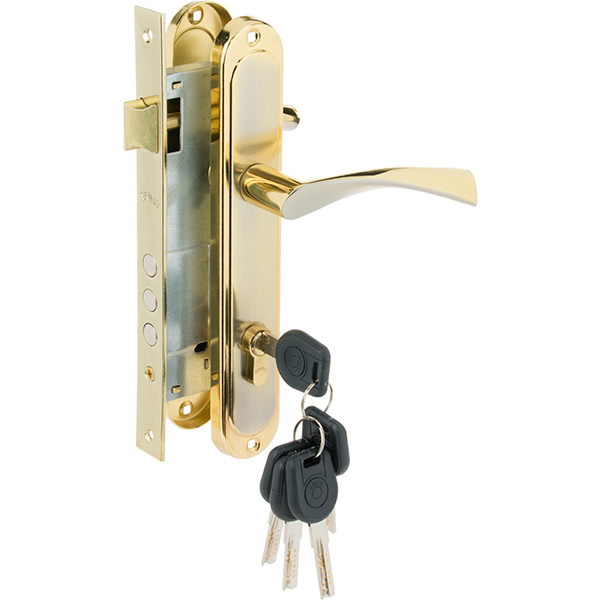 Замок врезной с ручками Bravo PZ 85 мм матовый никель/золото