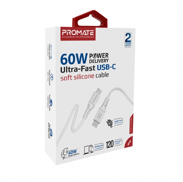 Кабель Promate PowerLink-CC120 USB-C to USB-C 60 Вт Power Delivery 1,2 м білий (powerlink-cc120.white) 