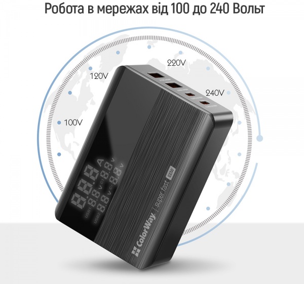 Сетевое зарядное устройство ColorWay Power Delivery GaN (2USB-A+2USB TYPE-C) (100W) черный