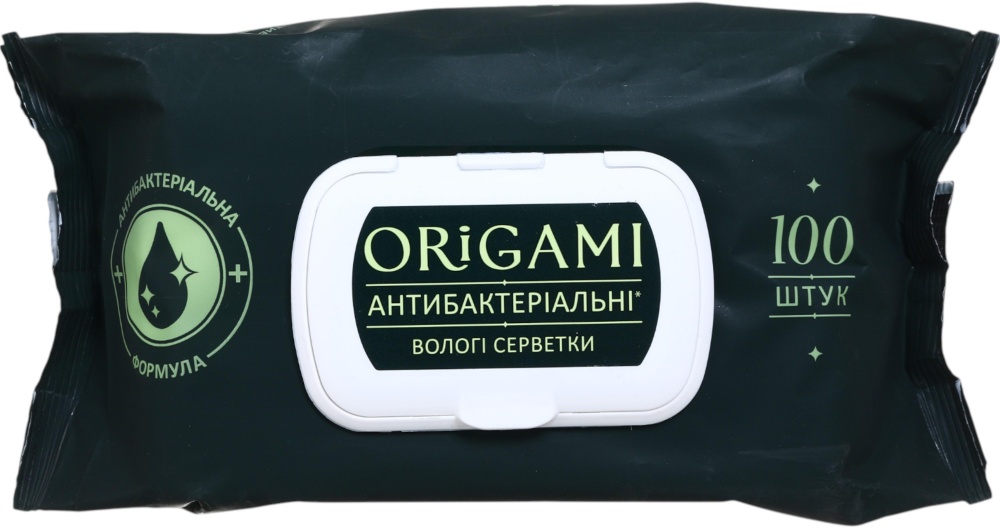 Вологі серветки ORIGAMI антибактеріальні (з клапаном) 100 шт.