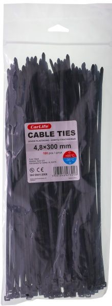 Стяжка кабельная CarLife черный, уп. 100 шт. 4,8х300мм