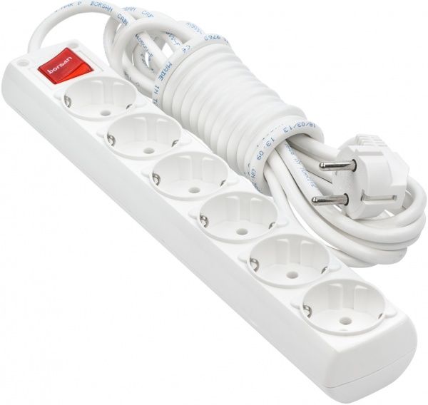 Удлинитель Borsan с выключателем с заземлением 6 гн. белый 5 м BR.1566-5