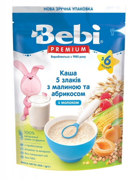 Каша молочна Bebi від 6 місяців Premium 5 злаків з малиною та абрикосом 200 г 