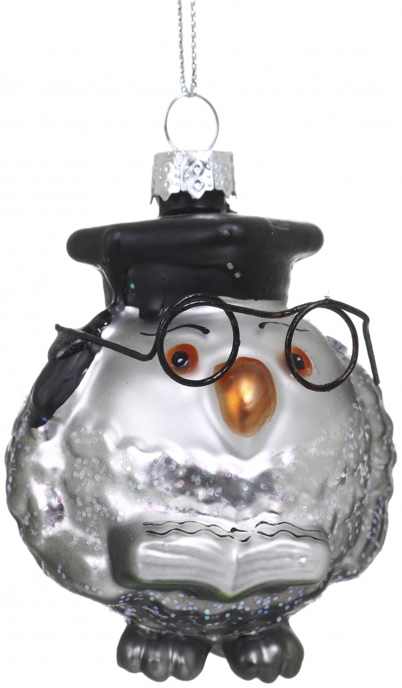 Подвеска стеклянная умная сова 8 см серебряный с черным EBA041278