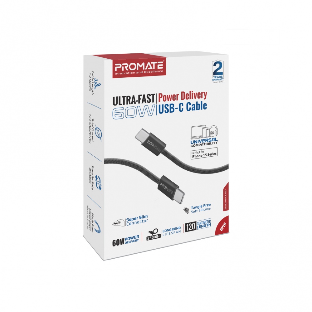 Кабель Promate USB-C to USB-C 60W Power Delivery 1,2 м black (ecoline-cc120.black)