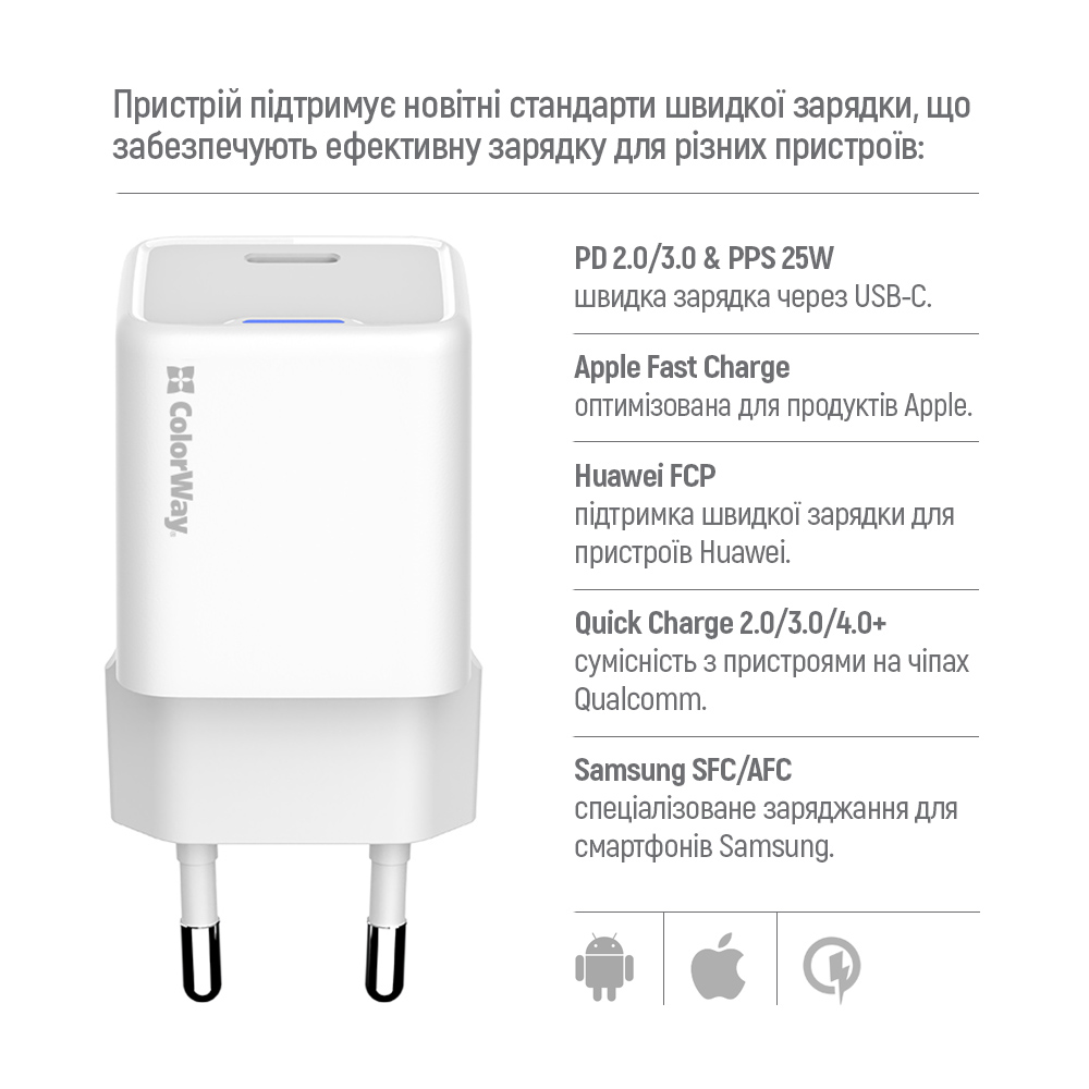 Зарядное устройство универсальное ColorWay GaN Mini 25W PD Port PPS USB-C белое cable Type-C (CW-CHS052PDC-WT)