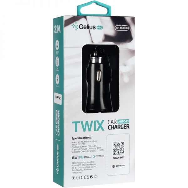 Автомобильное зарядное устройство Gelius Pro Twix GP-CC006 USB/Type-C QC/PD18W Black (2099900851759) 