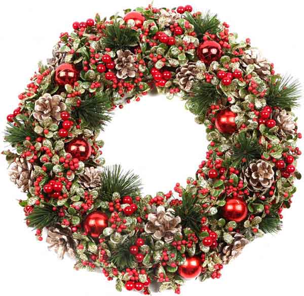 Декорація новорічна вінок з шишок і червоних кульок d33 мм EWJ-20A9026 