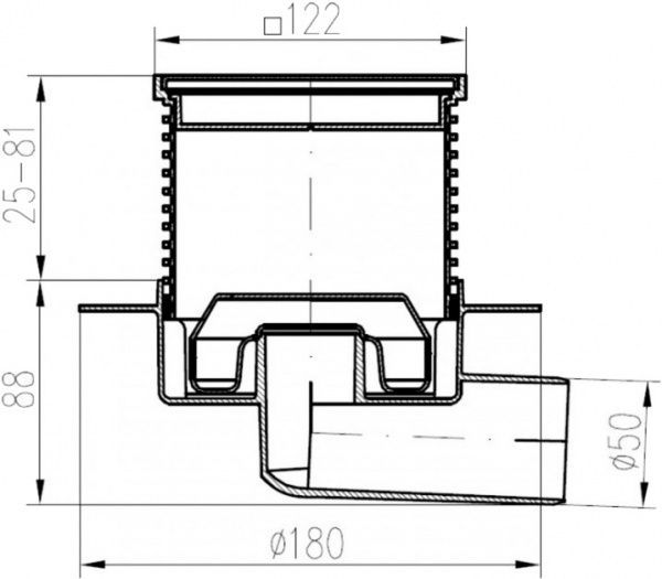 Душевой трап MCH с гориз. подкл. DN50, h 113-169мм, сухой сифон, с фланцем, решетка из нерж.