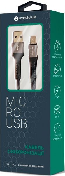 Кабель MakeFuture MicroUSB 2.4 A Denim Grey 1 м сірий (MCB-MD2GR) 