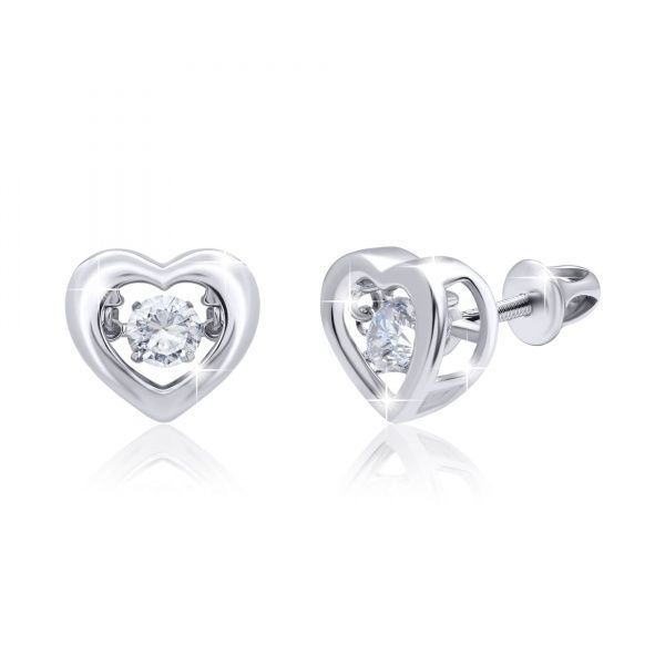 Серьги-пусетты UMa&UMi Сердце большое с танцующим бесцветным камнем